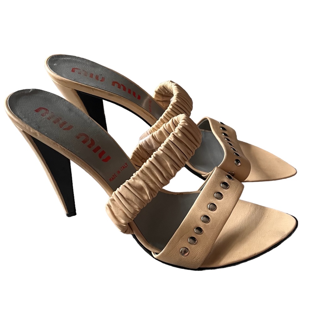 Miu Miu Stud Nappa Strap Mule Heel Sandals Shoes Size 39.5